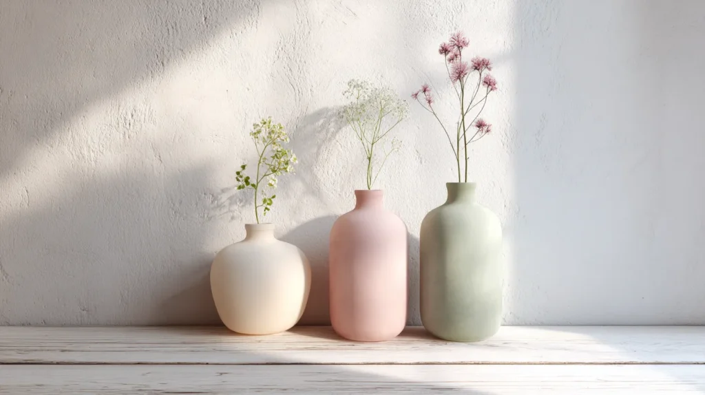 Three pastel painted thrifted vases with single stems on a light shelf.