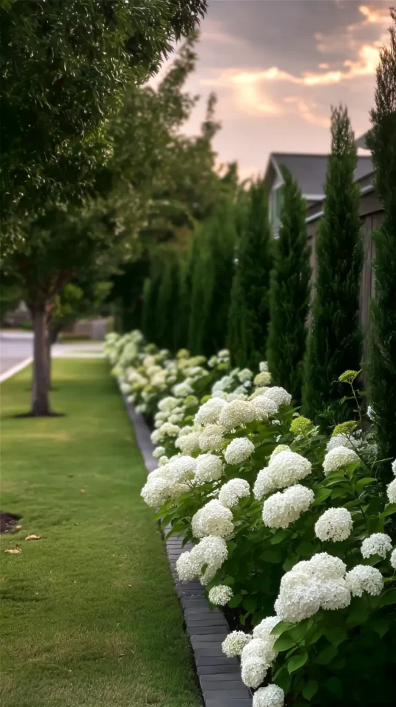 tall skinny green trees, white hydrangeas 