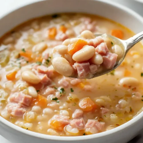 Creamy ham and bean soup in a white ceramic bowl on a white marble countertop, thick velvety broth made from navy beans with shredded pink ham, finely diced carrots and celery, and light black pepper on top.