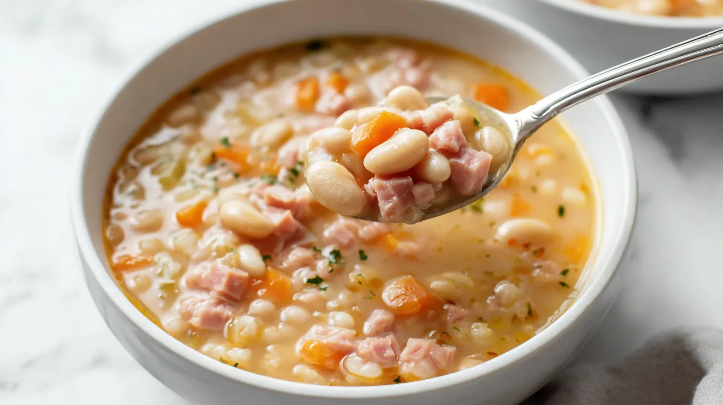 Creamy ham and bean soup in a white ceramic bowl on a white marble countertop, thick velvety broth made from navy beans with shredded pink ham, finely diced carrots and celery, and light black pepper on top.