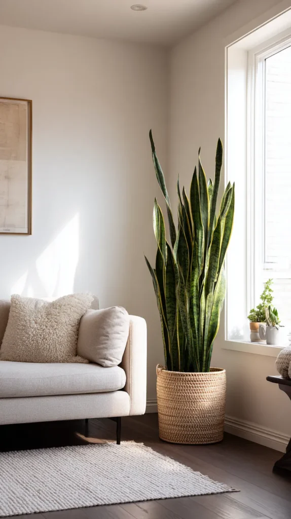 living room couch, snake plant, window, curtains