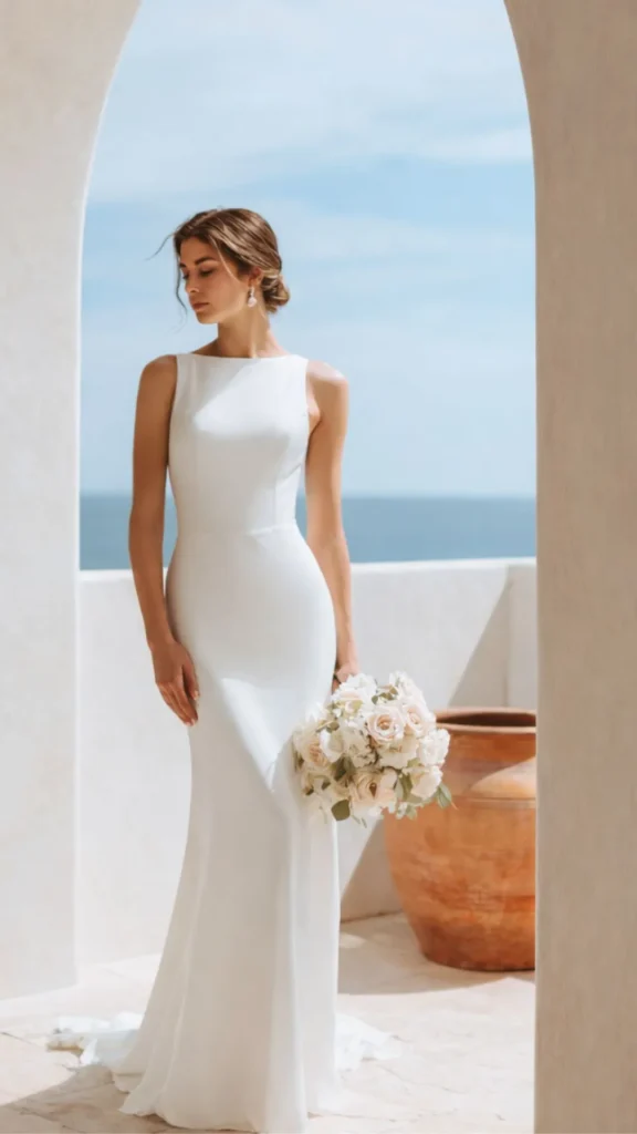 bride standing in an archway outside in a wedding dress and holding a bouquet