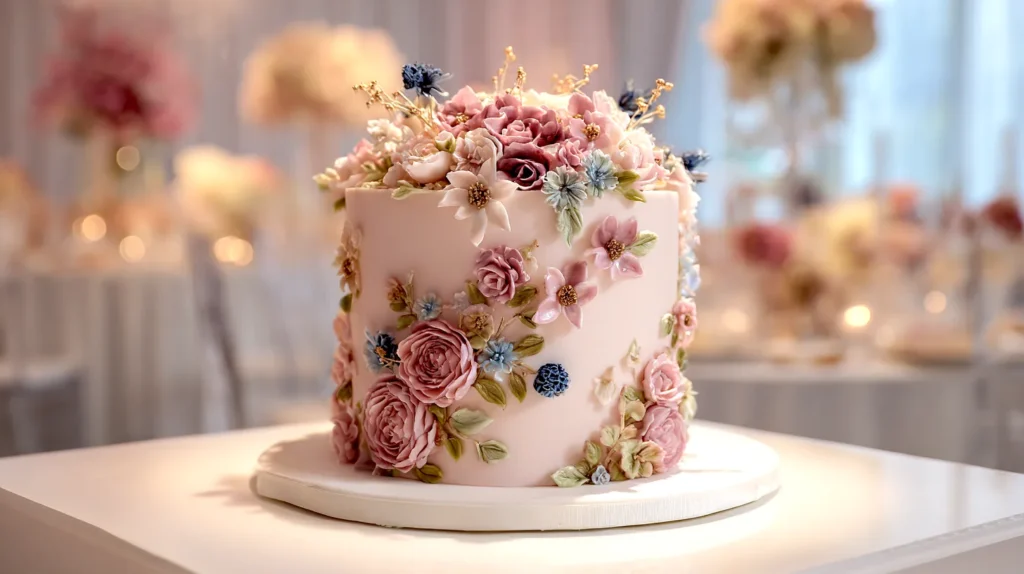 colorful wedding cake with flowers and designs