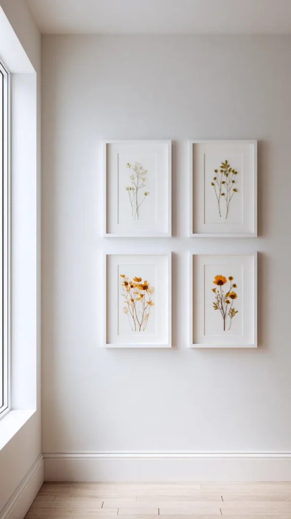 Pressed spring flowers displayed in thin frames for budget-friendly wall decor.