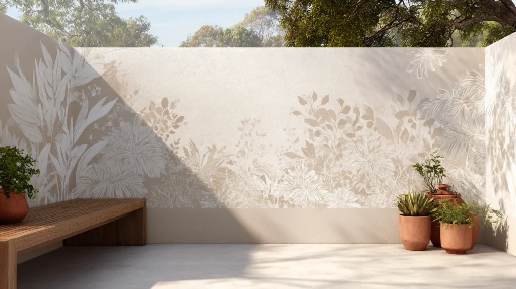 leaves, painted flowers, neutral colors, mural wall