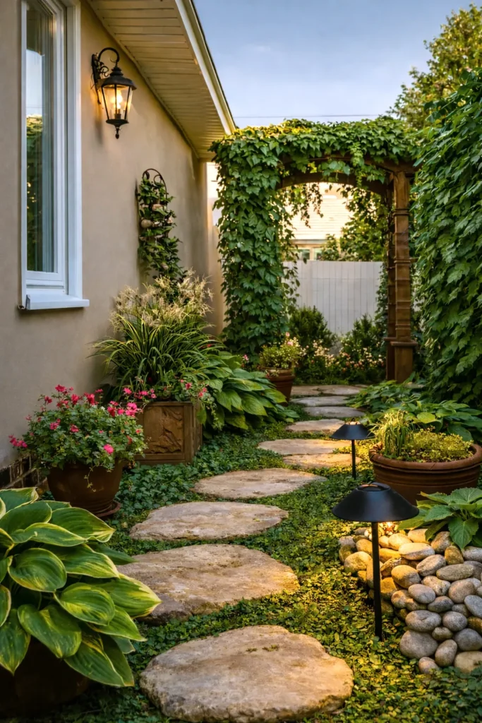 solar lights, path on the side of the house, greenery