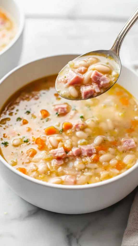 Close-up overhead view of creamy ham and bean soup in a white bowl on a white marble countertop, with a silver spoon lifting a thick scoop of velvety navy bean broth, shredded ham, and finely diced carrots.