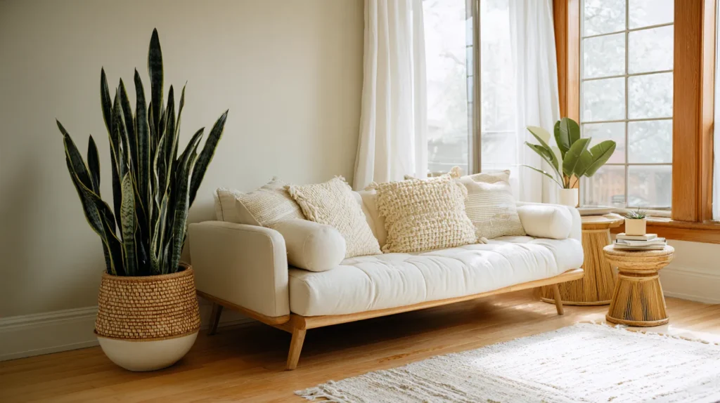 living room sofa with a snake plant