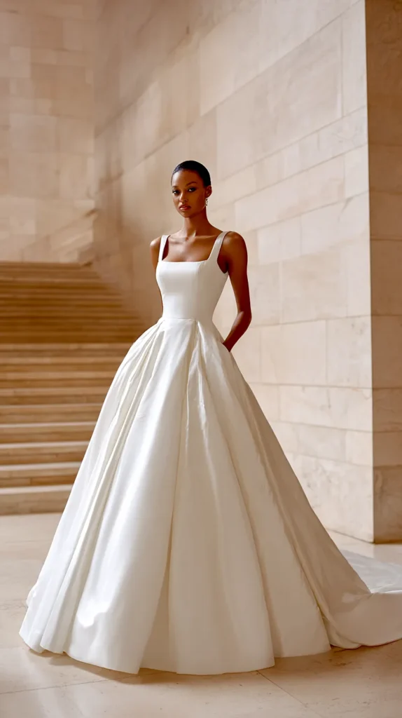 woman with dark skin with ballgown wedding dress, hands in pockets of dress