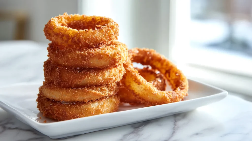 onion rings, stacked on a white plate