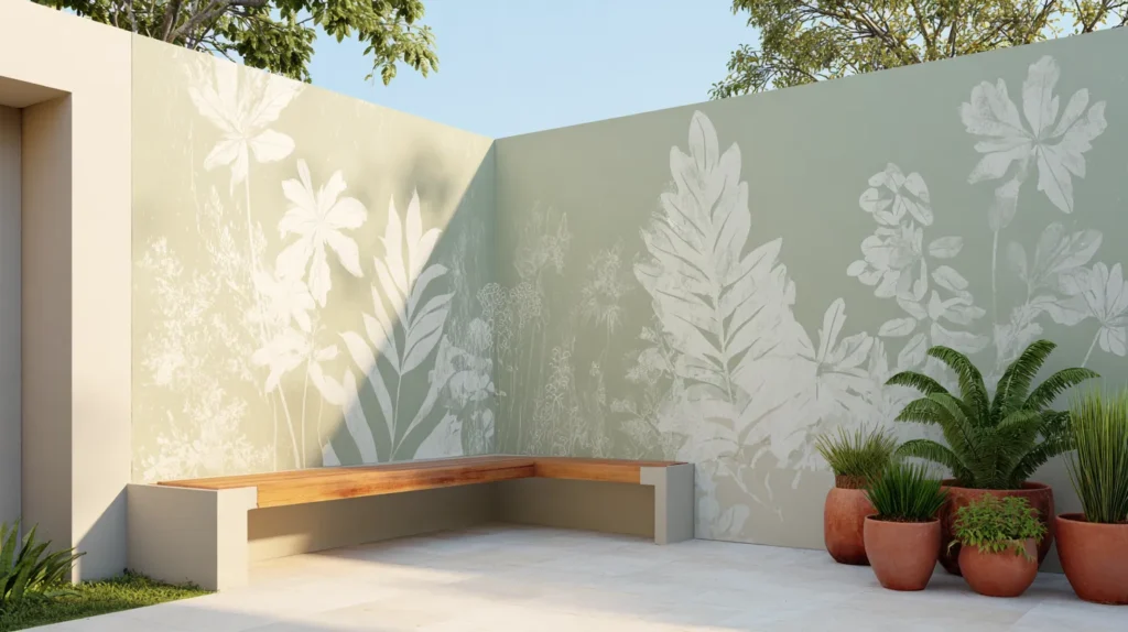 printed leaf pattern on a cement wall outdoors