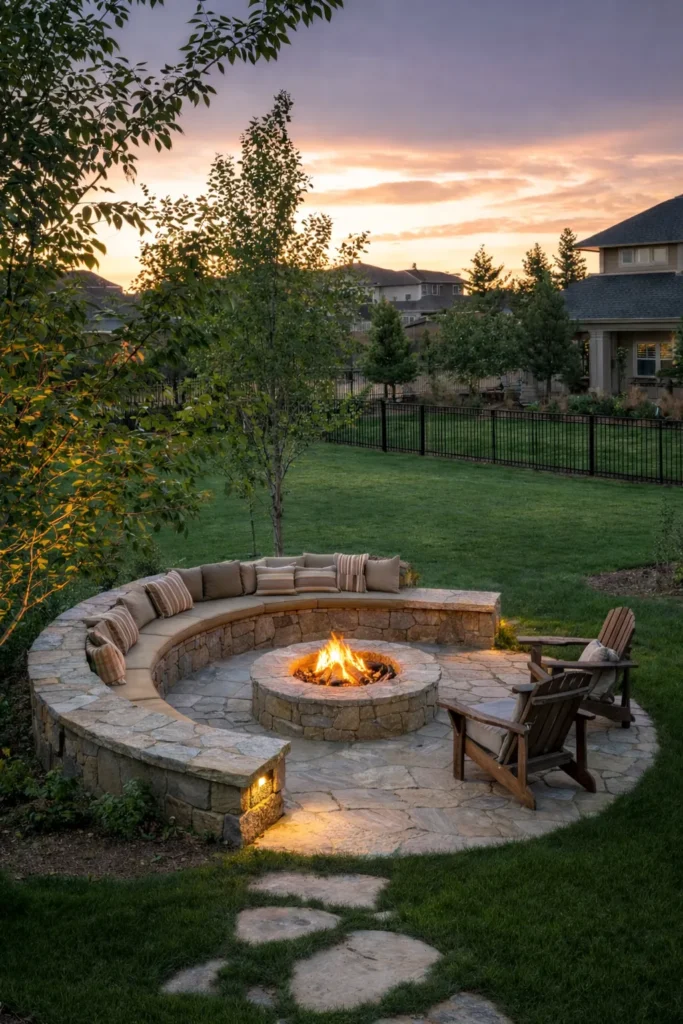 fire pit, rounded stone seating area, green landscaping