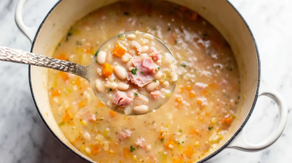Overhead view of a white enamel Dutch oven on a gas stovetop filled with creamy ham and bean soup, with a metal ladle lifting a thick scoop showing navy beans, shredded ham, diced carrots, and a naturally velvety broth.