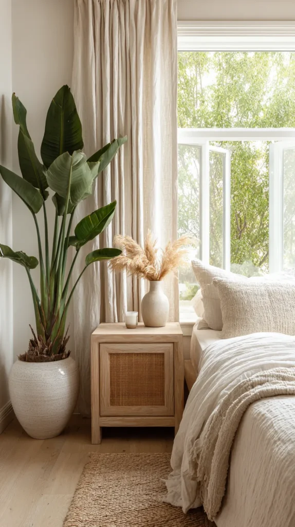 bedroom, neutral colors, plant