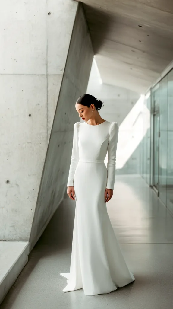 long-sleeve wedding gown in a slim bride with dark hair, standing near a window, wedding style