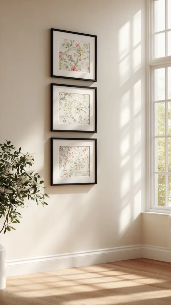 Three framed peel-and-stick wallpaper prints hanging on a light wall as a mini gallery.
