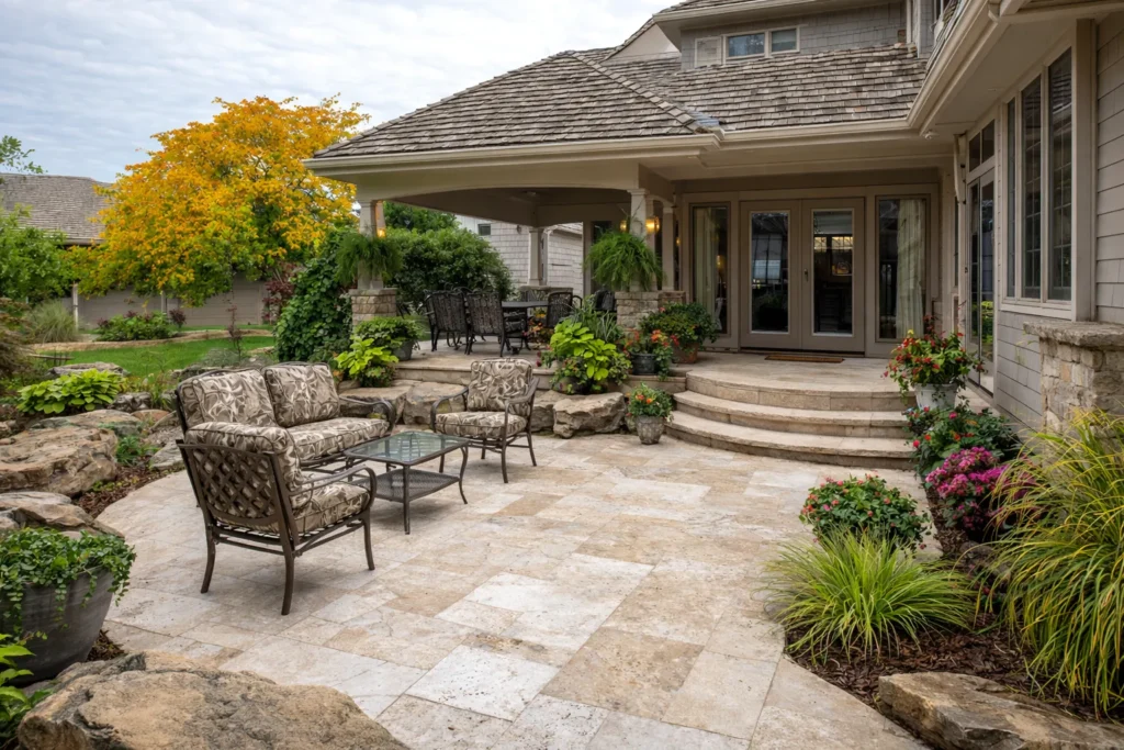 large stone patio, seating area, chairs, steps down from the house
