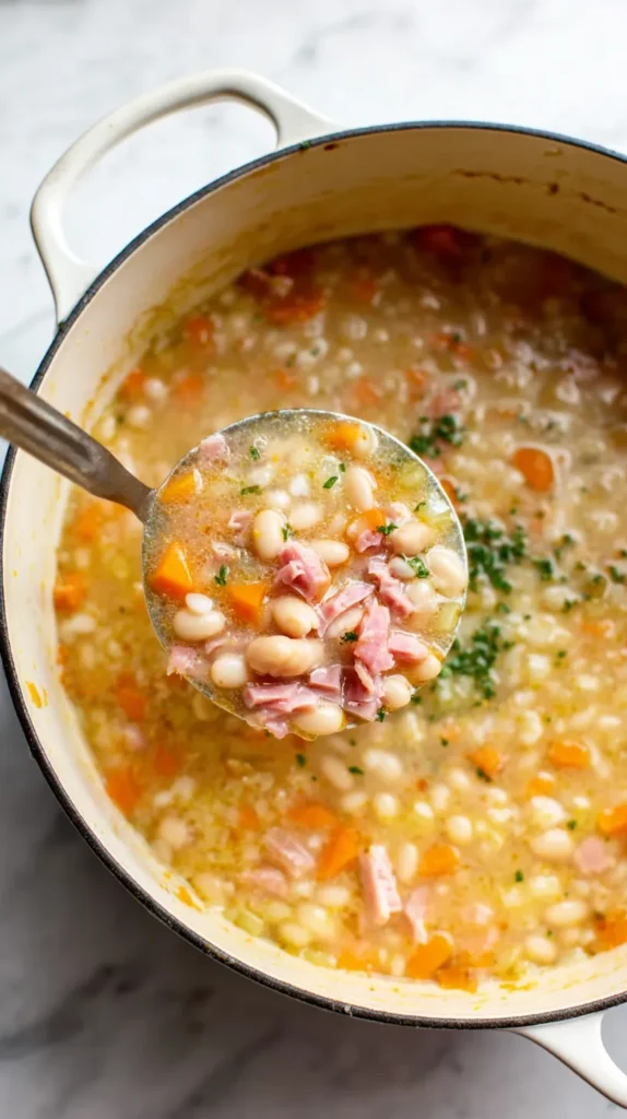 Overhead view of a white enamel Dutch oven on a gas stovetop filled with creamy ham and bean soup, with a metal ladle lifting a thick scoop showing navy beans, shredded ham, diced carrots, and a naturally velvety broth.