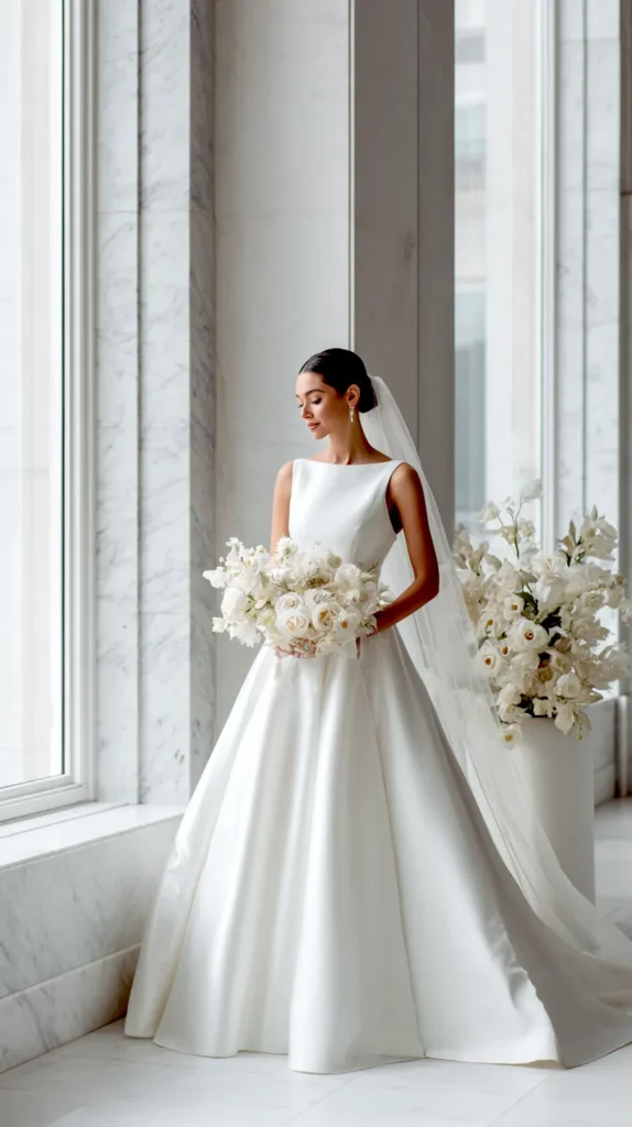 minimalist white wedding dress on a bride near a tall window with natural light
