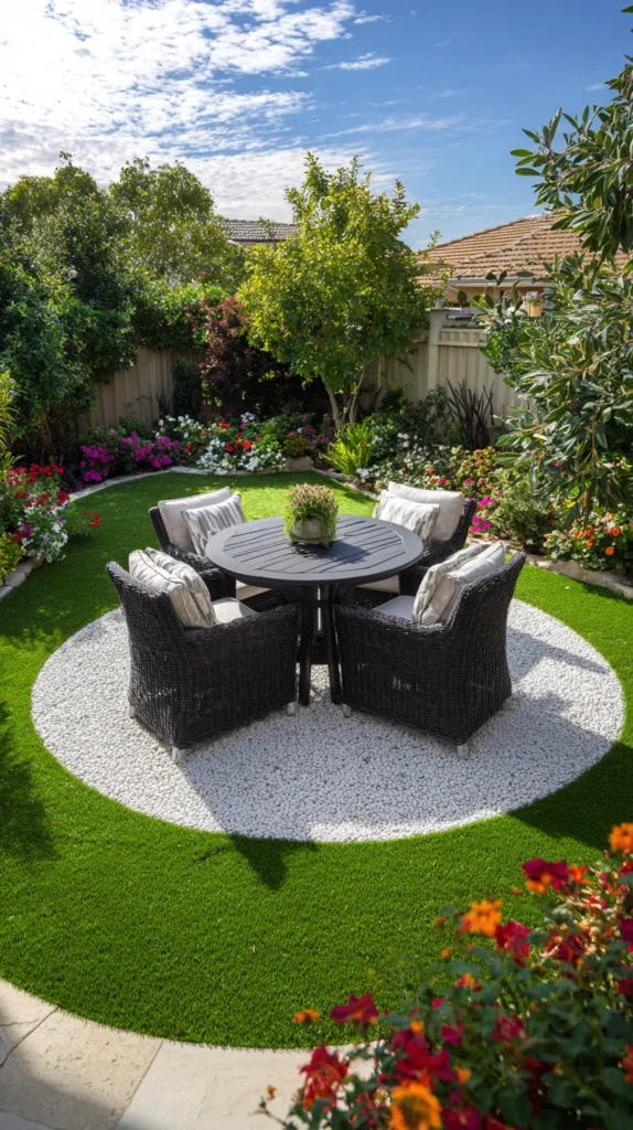 round circular table, pebble patio, chairs, flowers, landscaping