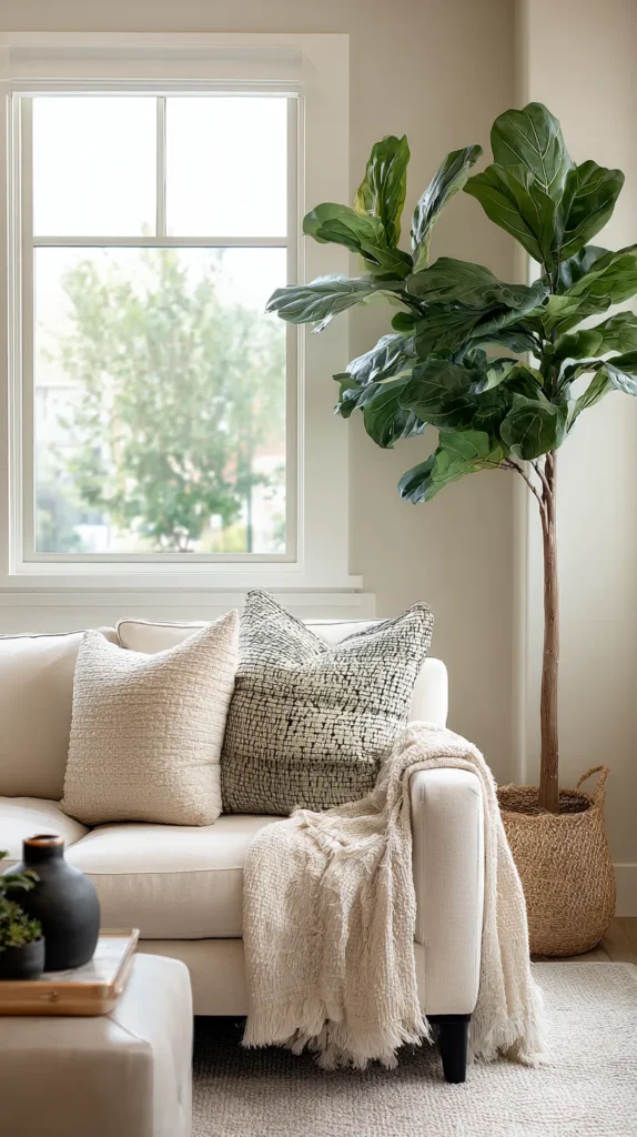 living room with a vibrant green indoor plant