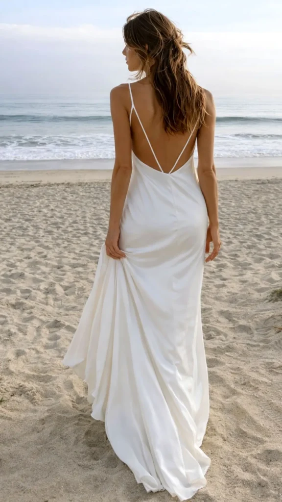 woman in a white silk gown on the beach walking towards the ocean