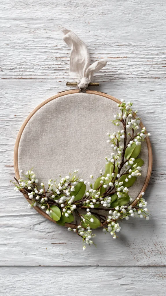Budget-friendly spring door decor using a fabric-wrapped embroidery hoop wreath.
