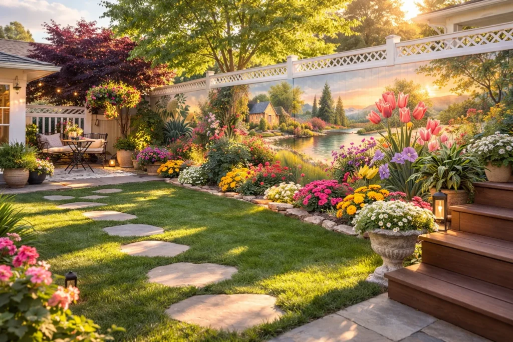 garden with a painted mural outside