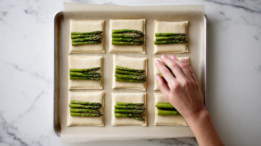 laying out the spears on the puff pastry