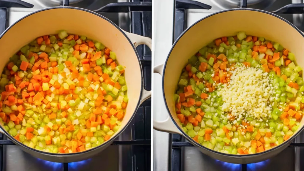 Overhead view of a white enamel Dutch oven on a gas stovetop showing diced onion, carrots, and celery sautéing in olive oil on the left, and the same vegetables with freshly minced garlic added on the right, captured in a bright white kitchen.