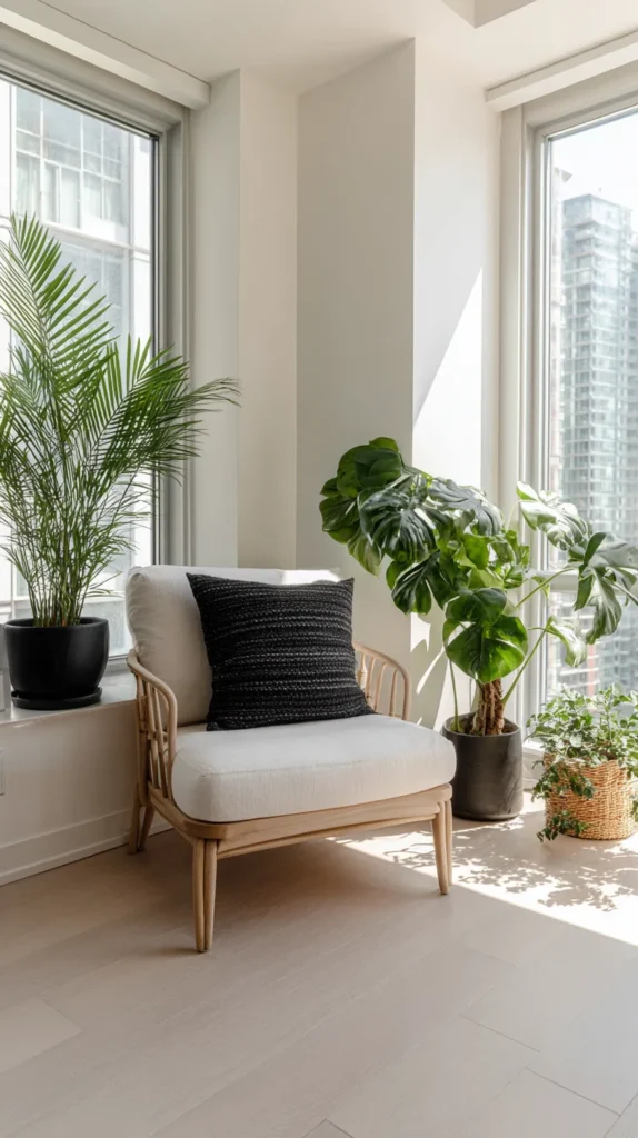 apartment with several plants and an accent chair 
