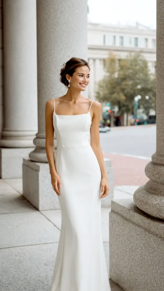 white sleeves gown on a bride with dark hair, outside in a city setting