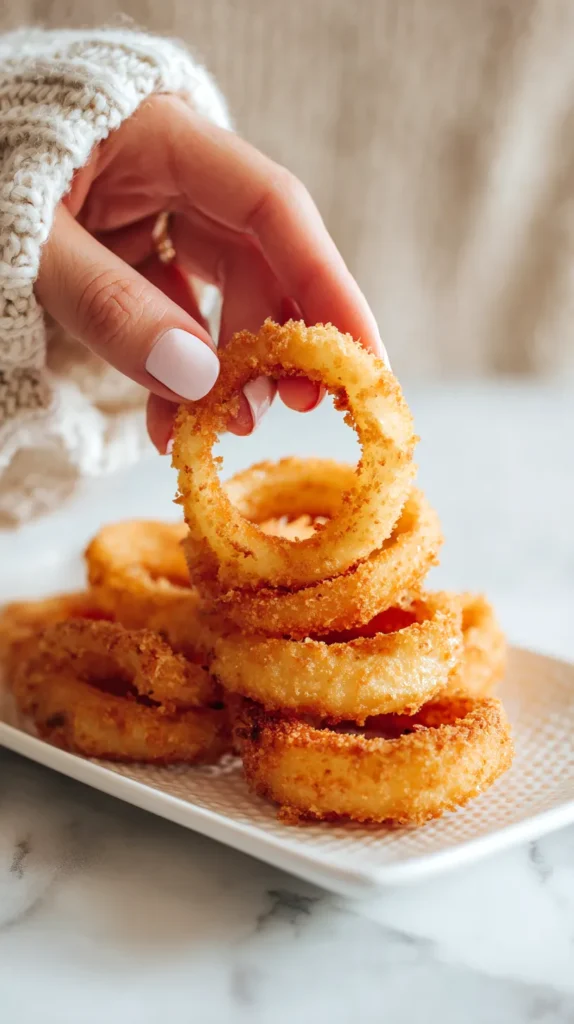 person picking up an onion ring