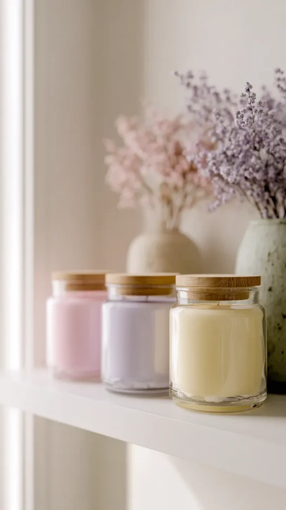 light pink, yellow, and lavender candles in jars on a white shelf
