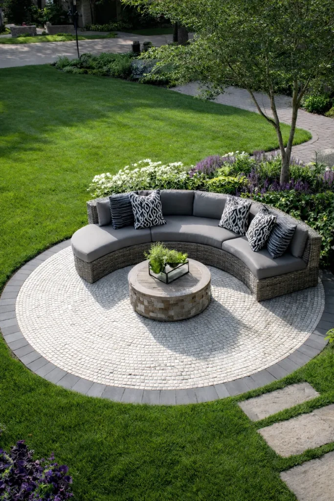 seating area in the backyard, landscaping with plants