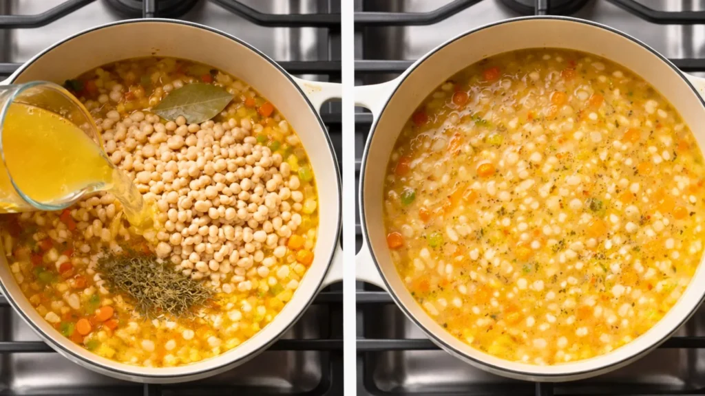 Overhead view of a white enamel Dutch oven on a gas stovetop showing navy beans and low-sodium chicken broth being poured into sautéed vegetables on the left, and the finished ham and bean soup on the right with a creamy, naturally thickened broth, tender navy beans, shredded ham, diced carrots, and black pepper.