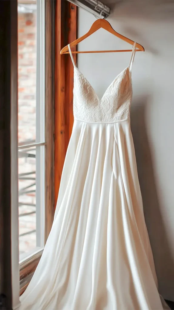 white sleeveless wedding gown hanging from a wooden hanger