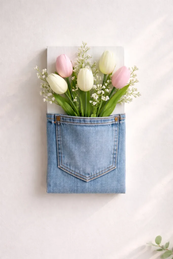 Denim pocket wall planter on a white board filled with pink and white faux tulips.