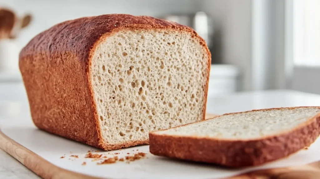 Freshly baked gluten-free sourdough loaf sliced on a white marble countertop.