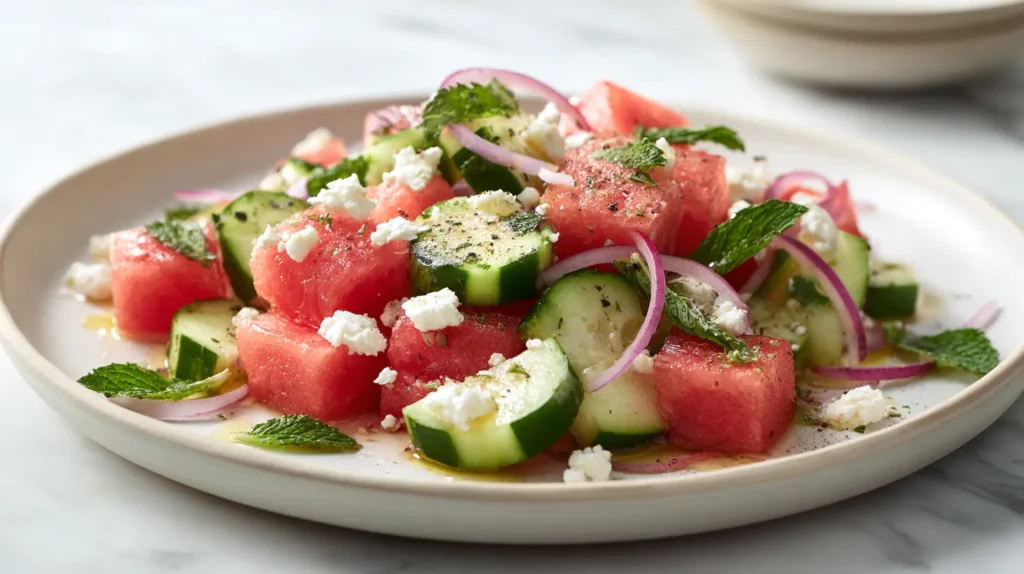 Watermelon cucumber salad with 1 inch watermelon cubes, cucumber half moons, feta crumbles, and mint on a white plate.
