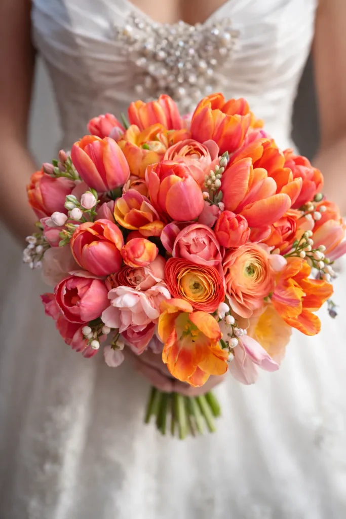 tulip wedding bouquet, pinks and oranges