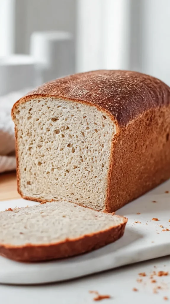 Gluten-free sourdough bread loaf with a golden crust on a white plate in a bright kitchen.