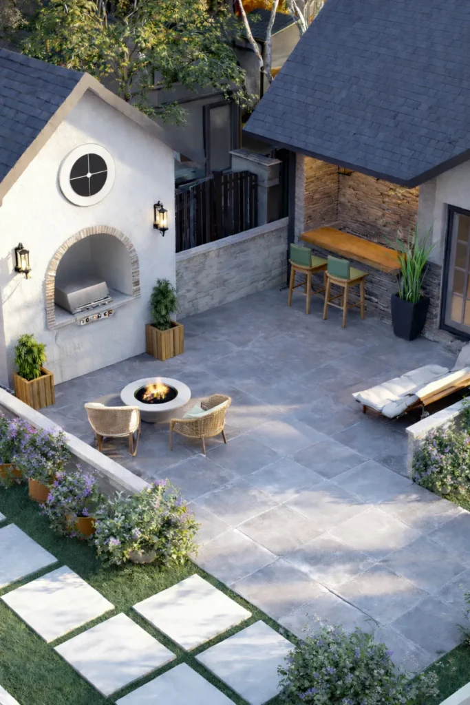 outdoor area, seating, grill, bar