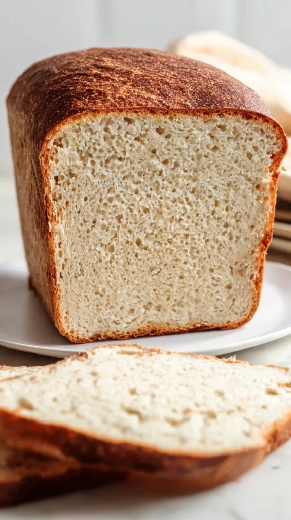Close-up of sliced gluten-free sourdough loaf showing a tight, even crumb and golden crust.