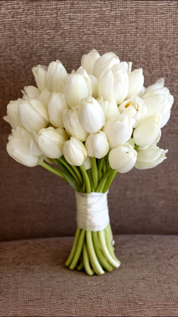 white tulip wedding bouquet, tied with ribbon