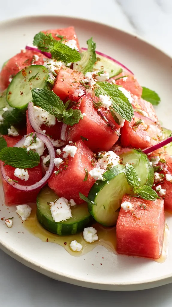 Close hero shot of watermelon cucumber salad with cucumber slices, watermelon cubes, feta, mint, and a dusting of sumac.