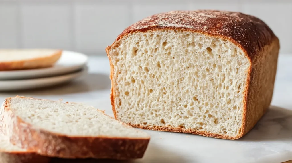 Loaf-pan gluten-free sourdough bread with a light tan crumb on a white plate.