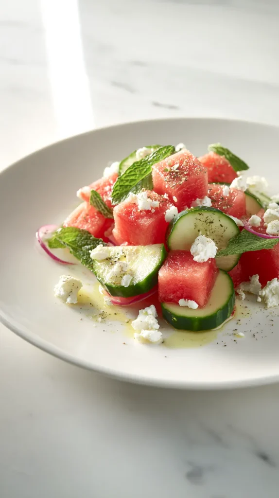 Finished watermelon cucumber salad with feta, mint ribbons, olive oil drizzle, and sumac on a white plate on marble.