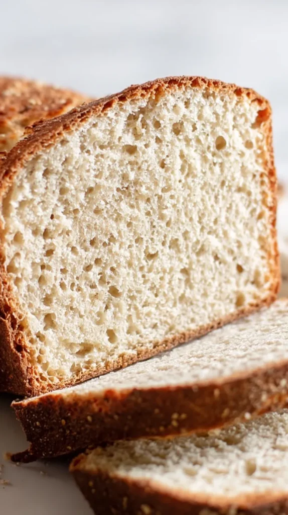 Close-up of sliced gluten-free sourdough loaf showing a tight, even crumb and golden crust.