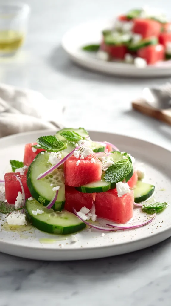 White plate of watermelon cucumber salad with feta, mint, and sumac on a white marble kitchen counter.